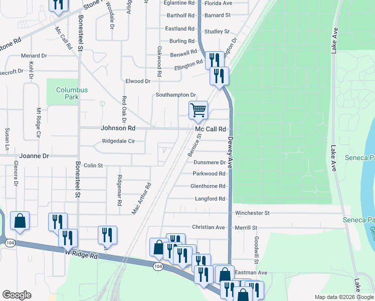 map of restaurants, bars, coffee shops, grocery stores, and more near 321 Bernice Street in Rochester