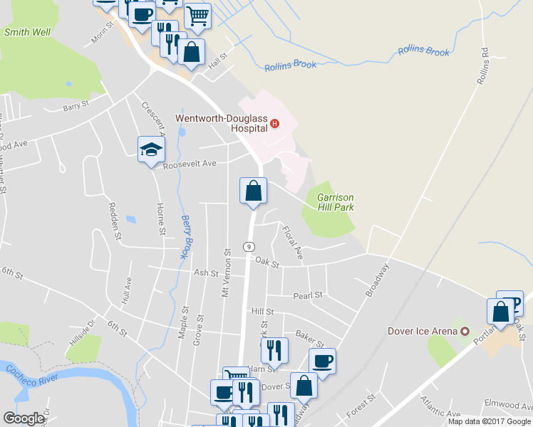 map of restaurants, bars, coffee shops, grocery stores, and more near Jefferson Drive in Dover