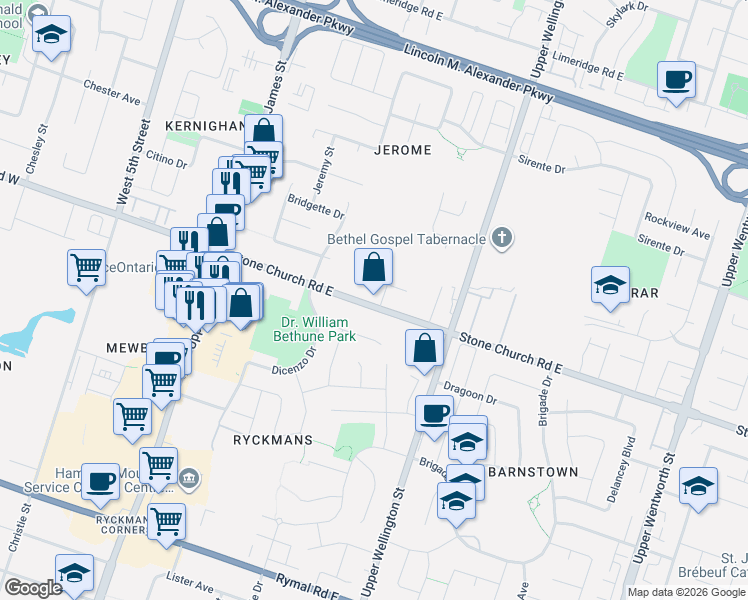 map of restaurants, bars, coffee shops, grocery stores, and more near 2 Pineridge Drive in Hamilton