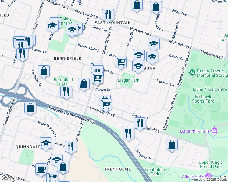 map of restaurants, bars, coffee shops, grocery stores, and more near 64 Carson Drive in Hamilton