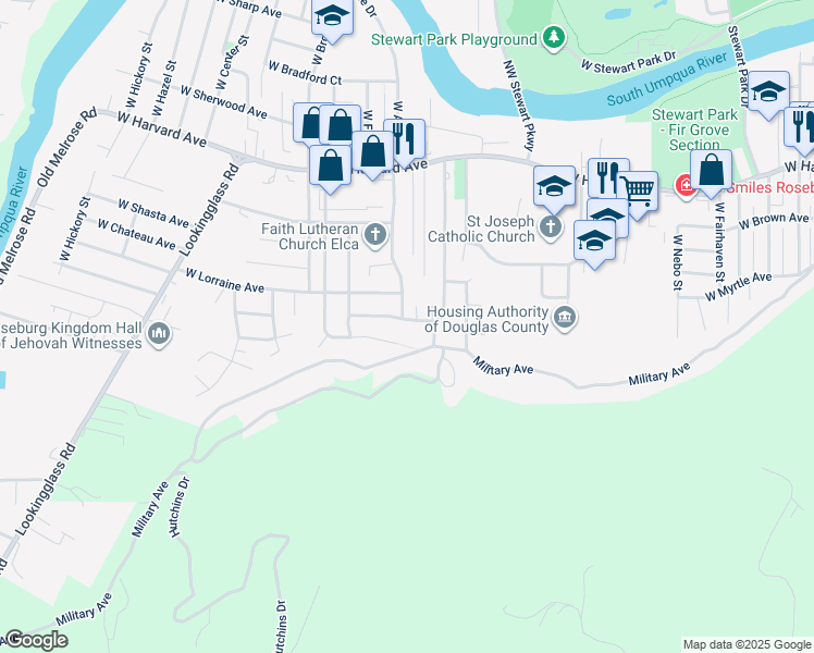 map of restaurants, bars, coffee shops, grocery stores, and more near 2395 West Crestview Avenue in Roseburg