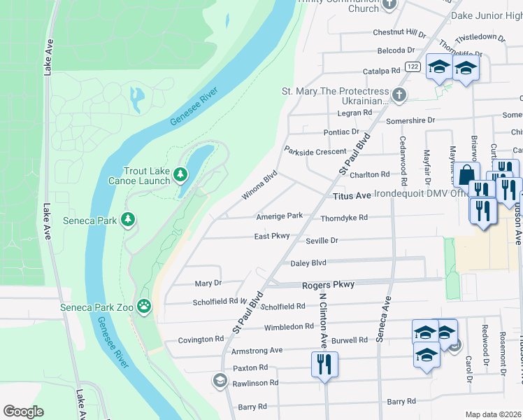 map of restaurants, bars, coffee shops, grocery stores, and more near 20 Lanvale Park in Irondequoit