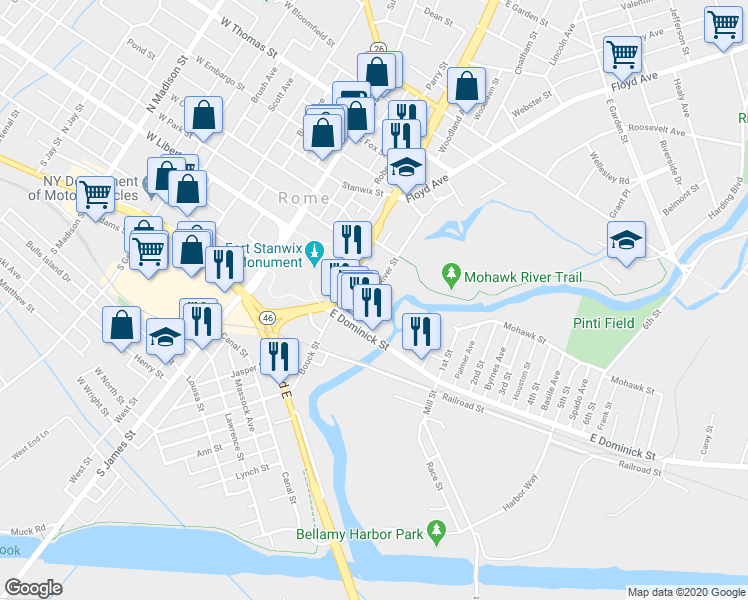 map of restaurants, bars, coffee shops, grocery stores, and more near 112 River Street in Rome