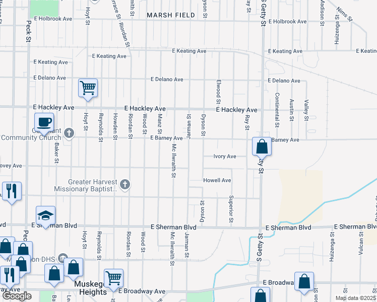 map of restaurants, bars, coffee shops, grocery stores, and more near 2325 Jarman Street in Muskegon Heights