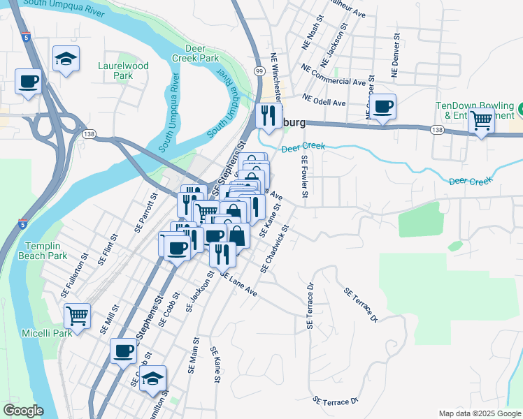 map of restaurants, bars, coffee shops, grocery stores, and more near 445 Southeast Main Street in Roseburg