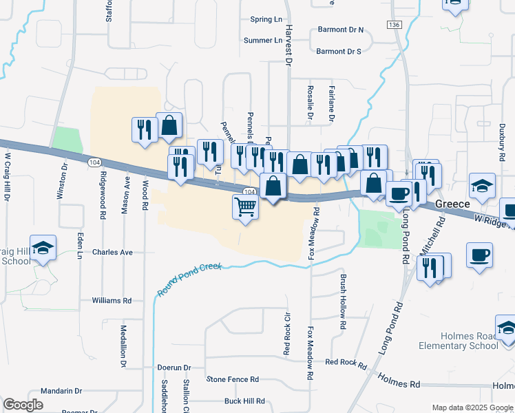 map of restaurants, bars, coffee shops, grocery stores, and more near Ridgemont Plaza in Rochester