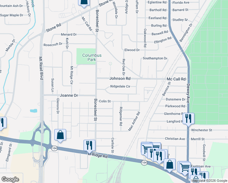 map of restaurants, bars, coffee shops, grocery stores, and more near 182 Colin Street in Rochester
