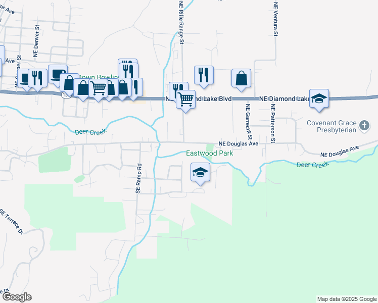 map of restaurants, bars, coffee shops, grocery stores, and more near 103 Southeast Rifle Range Road in Roseburg