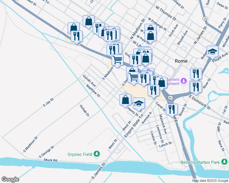 map of restaurants, bars, coffee shops, grocery stores, and more near 223 Henry Street in Rome
