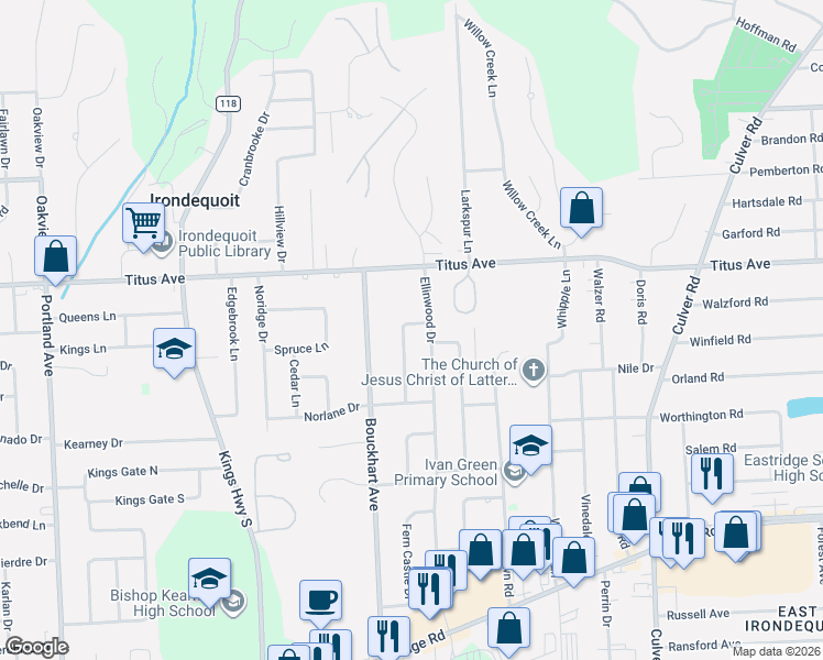 map of restaurants, bars, coffee shops, grocery stores, and more near 381 Ellinwood Drive in Rochester
