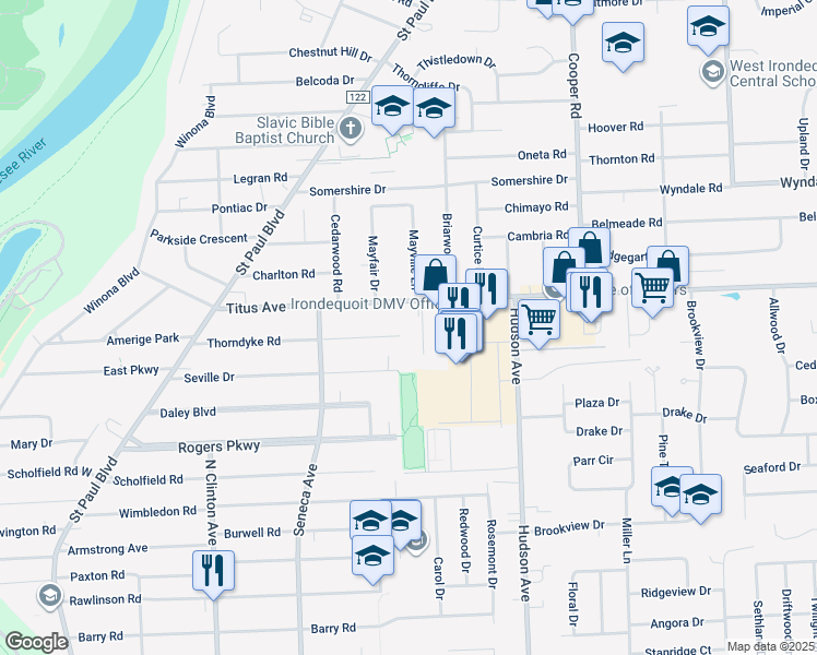 map of restaurants, bars, coffee shops, grocery stores, and more near 279 Thorndyke Road in Rochester