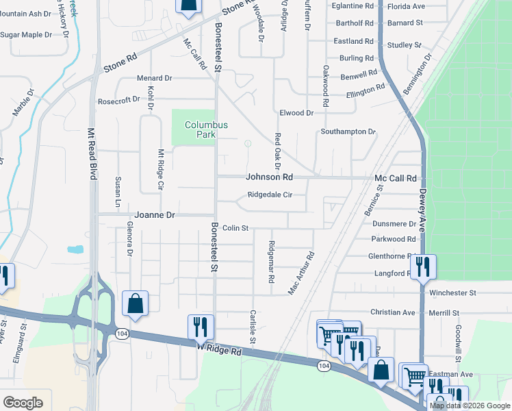 map of restaurants, bars, coffee shops, grocery stores, and more near 182 Colin Street in Rochester