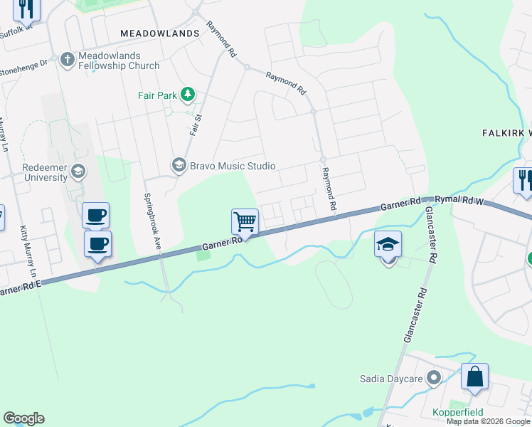 map of restaurants, bars, coffee shops, grocery stores, and more near 28 Barley Lane in Hamilton