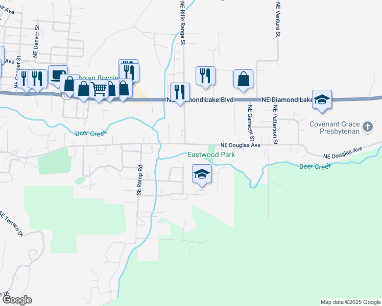 map of restaurants, bars, coffee shops, grocery stores, and more near 2550 Southeast Waldon Avenue in Roseburg