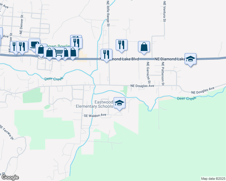 map of restaurants, bars, coffee shops, grocery stores, and more near 2550 Southeast Waldon Avenue in Roseburg
