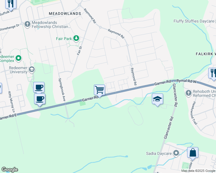 map of restaurants, bars, coffee shops, grocery stores, and more near 28 Barley Lane in Hamilton