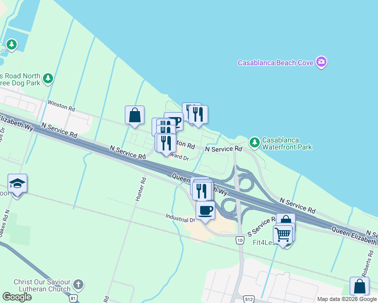map of restaurants, bars, coffee shops, grocery stores, and more near 11 Windward Drive in Grimsby