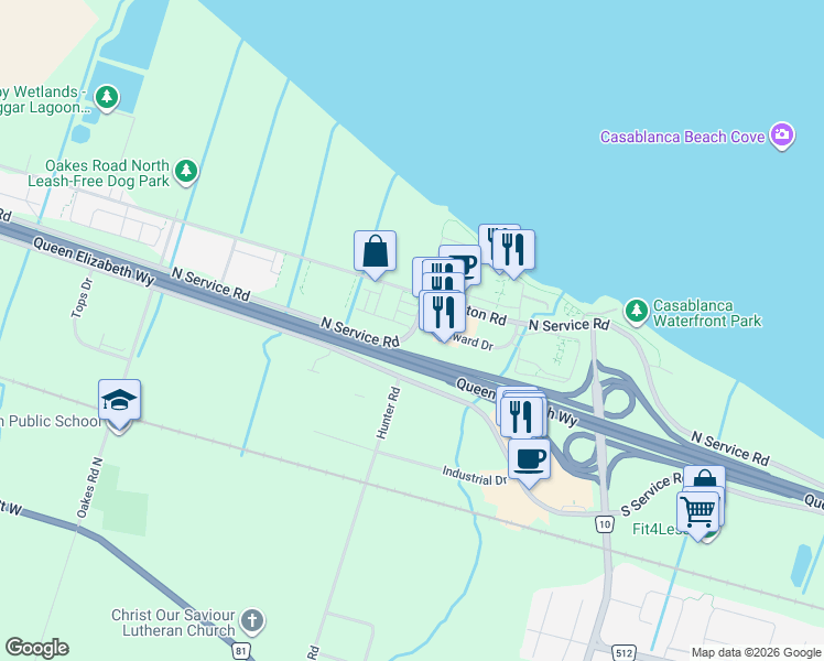 map of restaurants, bars, coffee shops, grocery stores, and more near 5 Windward Drive in Grimsby