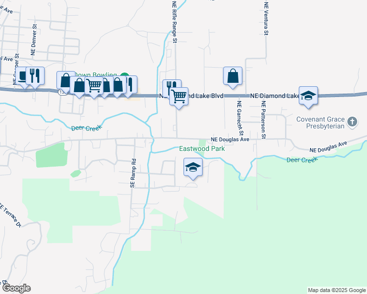 map of restaurants, bars, coffee shops, grocery stores, and more near 103 Northeast Rifle Range Road in Roseburg
