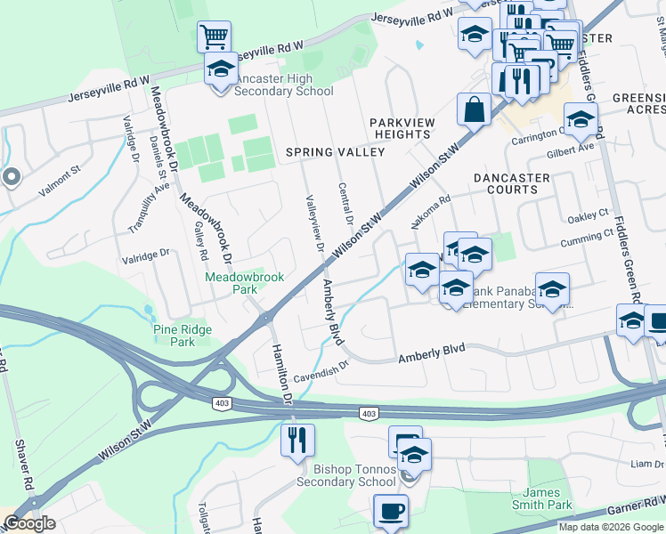 map of restaurants, bars, coffee shops, grocery stores, and more near 309 Amberly Boulevard in Hamilton