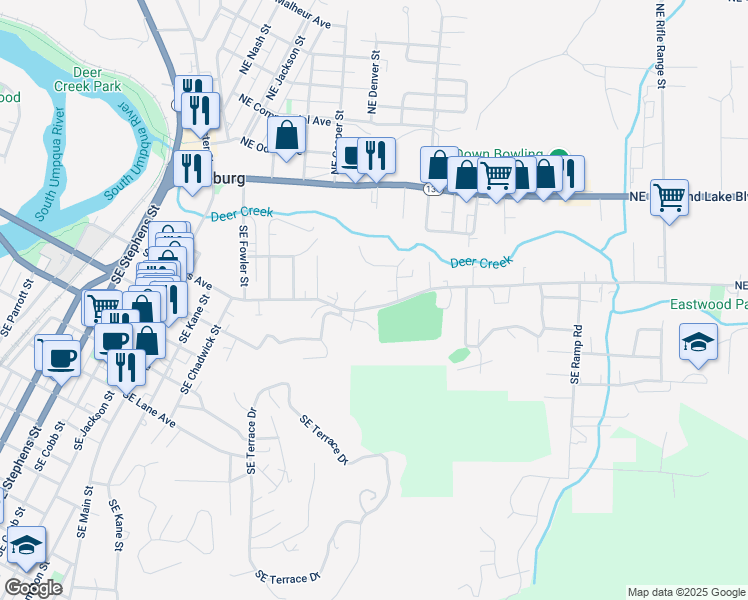 map of restaurants, bars, coffee shops, grocery stores, and more near 1656 Southeast Douglas Avenue in Roseburg