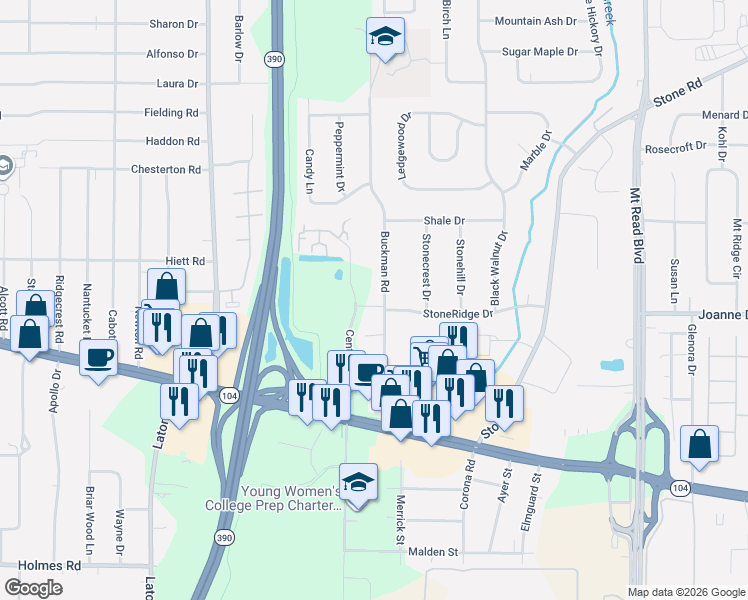 map of restaurants, bars, coffee shops, grocery stores, and more near 146 Buckman Road in Rochester