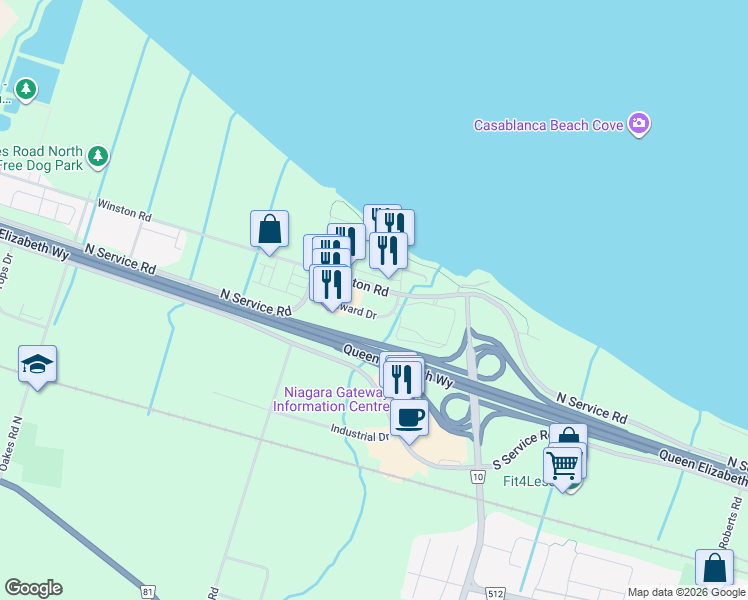 map of restaurants, bars, coffee shops, grocery stores, and more near 385 Winston Road in Grimsby