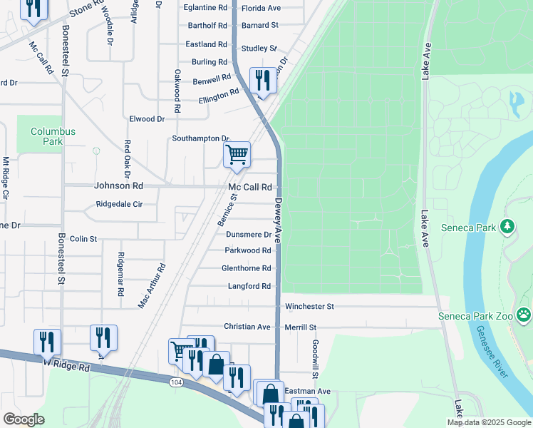 map of restaurants, bars, coffee shops, grocery stores, and more near 24 Fillingham Drive in Rochester