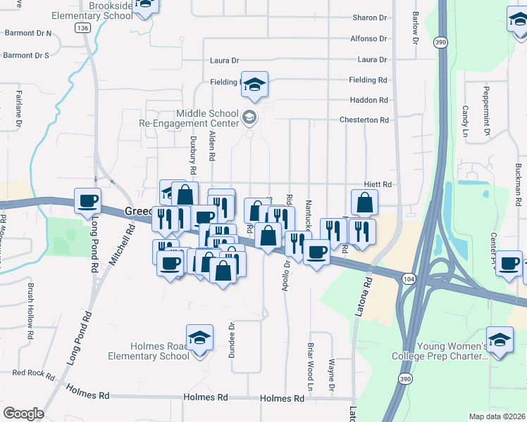 map of restaurants, bars, coffee shops, grocery stores, and more near 108 Standish Road in Rochester