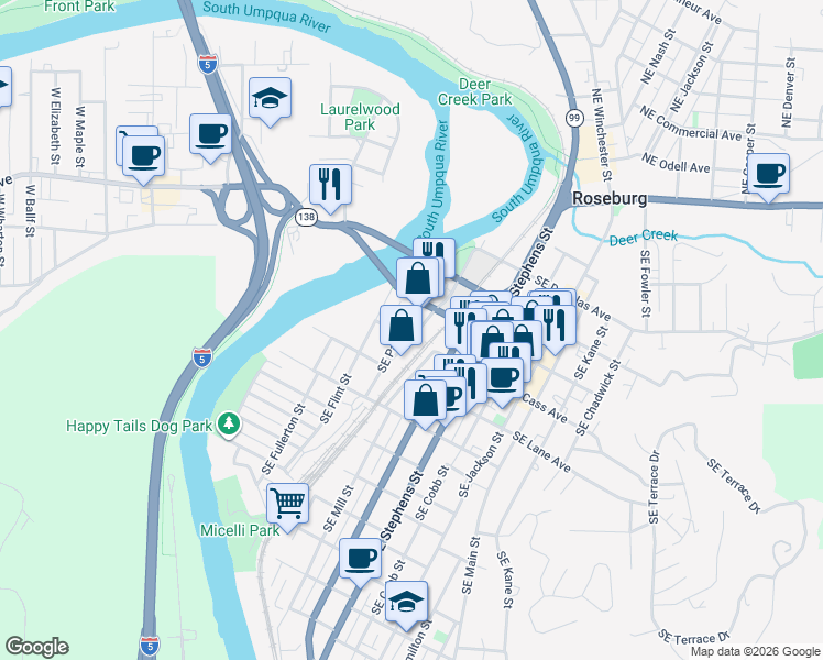 map of restaurants, bars, coffee shops, grocery stores, and more near 633 Southeast Flint Street in Roseburg