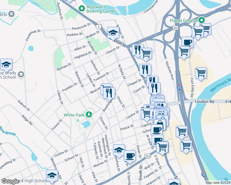 map of restaurants, bars, coffee shops, grocery stores, and more near 46 Washington Street in Concord
