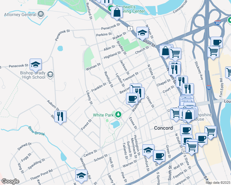 map of restaurants, bars, coffee shops, grocery stores, and more near 128 Rumford Street in Concord