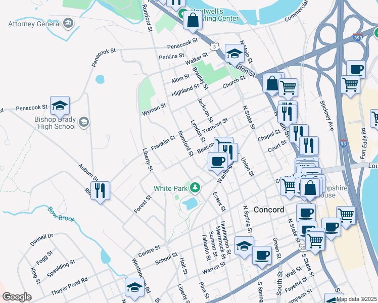 map of restaurants, bars, coffee shops, grocery stores, and more near 128 Rumford Street in Concord