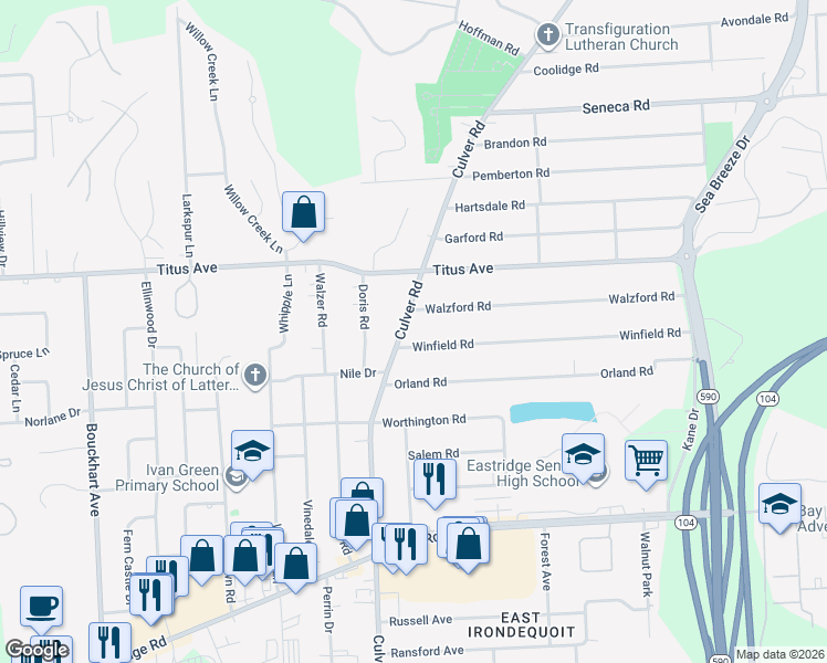 map of restaurants, bars, coffee shops, grocery stores, and more near 3360 County Road 120 in Rochester