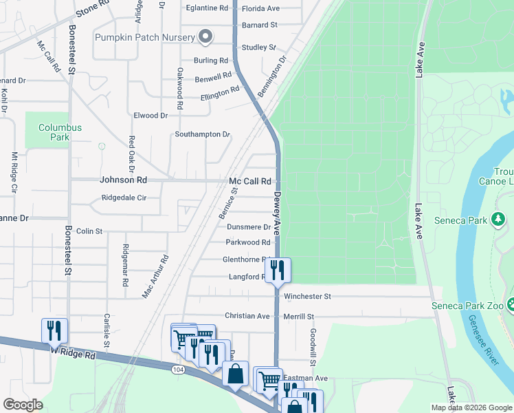 map of restaurants, bars, coffee shops, grocery stores, and more near 44 Morville Drive in Rochester