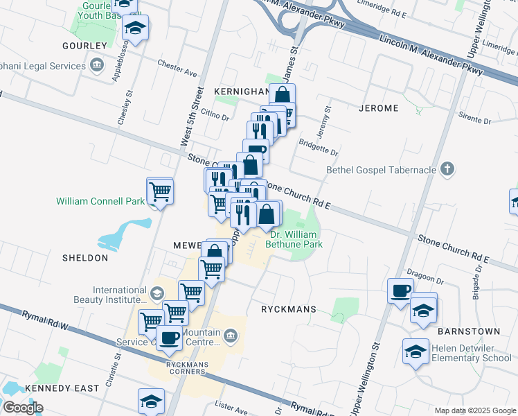 map of restaurants, bars, coffee shops, grocery stores, and more near 16 Stone Church Road East in Hamilton