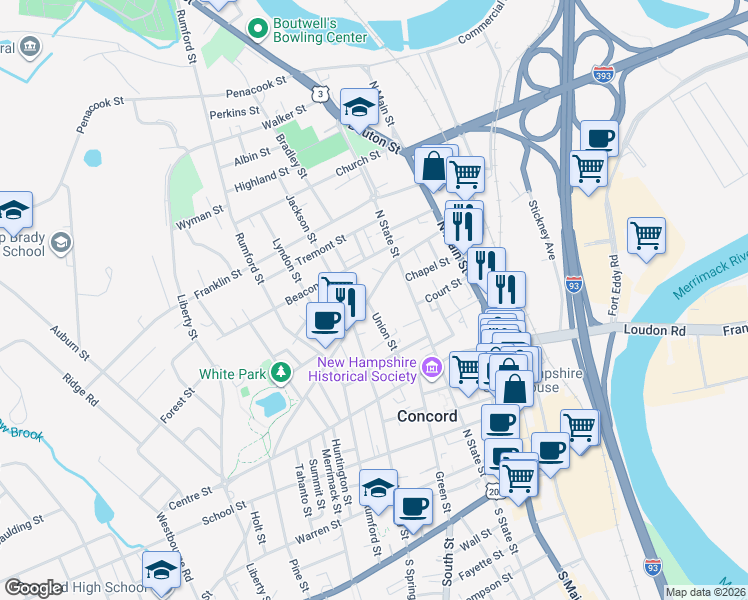 map of restaurants, bars, coffee shops, grocery stores, and more near 46 Washington Street in Concord