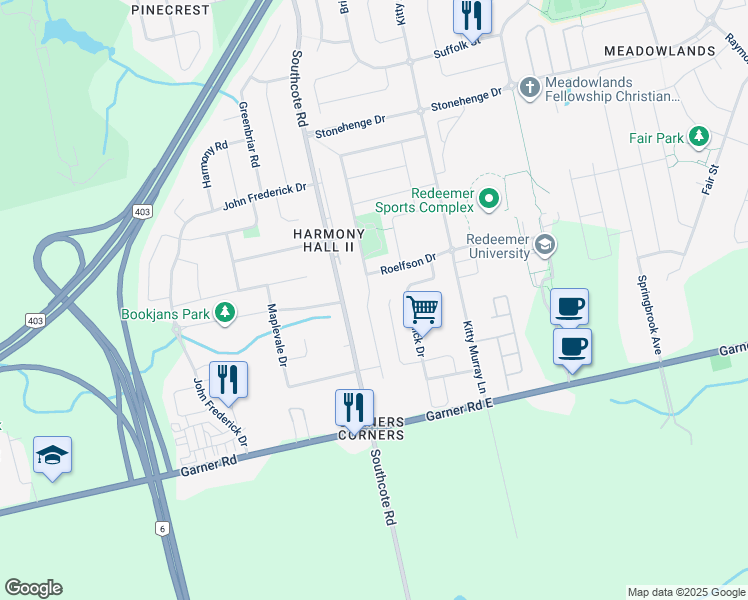 map of restaurants, bars, coffee shops, grocery stores, and more near 220 Moorland Crescent in Hamilton