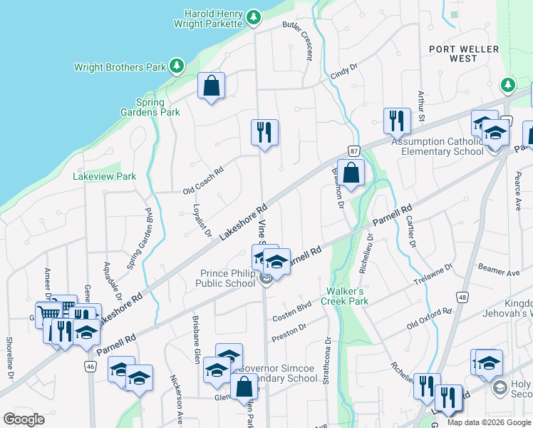 map of restaurants, bars, coffee shops, grocery stores, and more near 628 Vine Street in St. Catharines