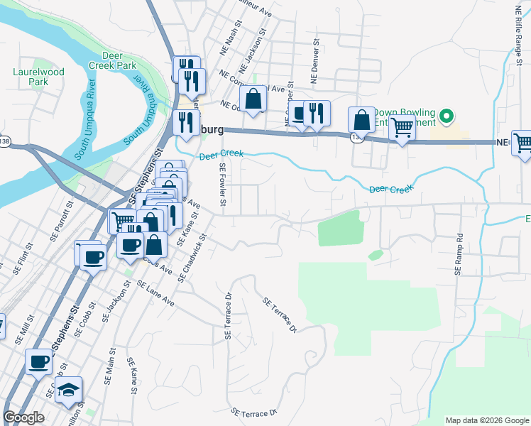 map of restaurants, bars, coffee shops, grocery stores, and more near 1416 Southeast Douglas Avenue in Roseburg