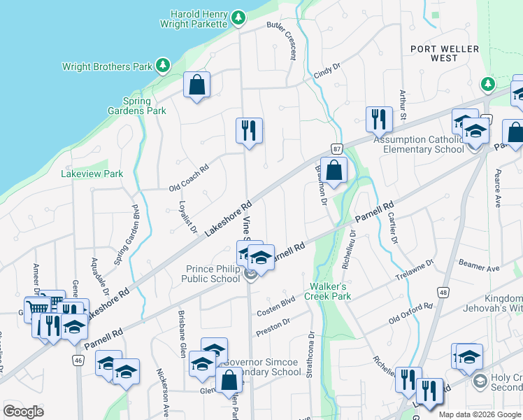 map of restaurants, bars, coffee shops, grocery stores, and more near 27 Murray Street in St. Catharines