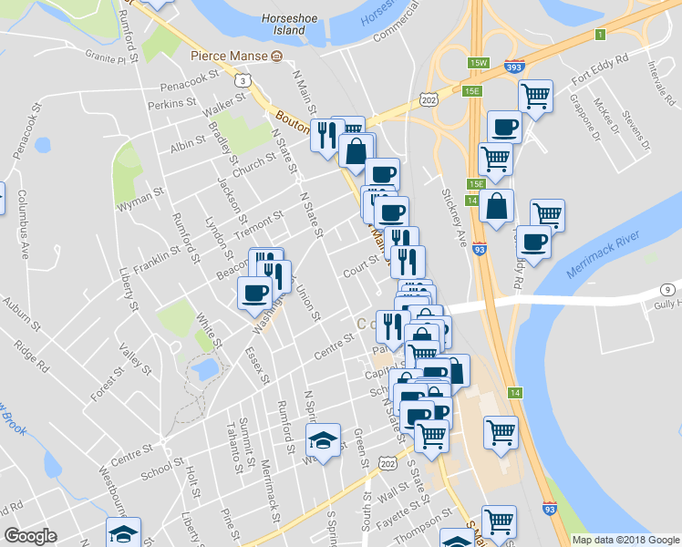 map of restaurants, bars, coffee shops, grocery stores, and more near 62 North State Street in Concord