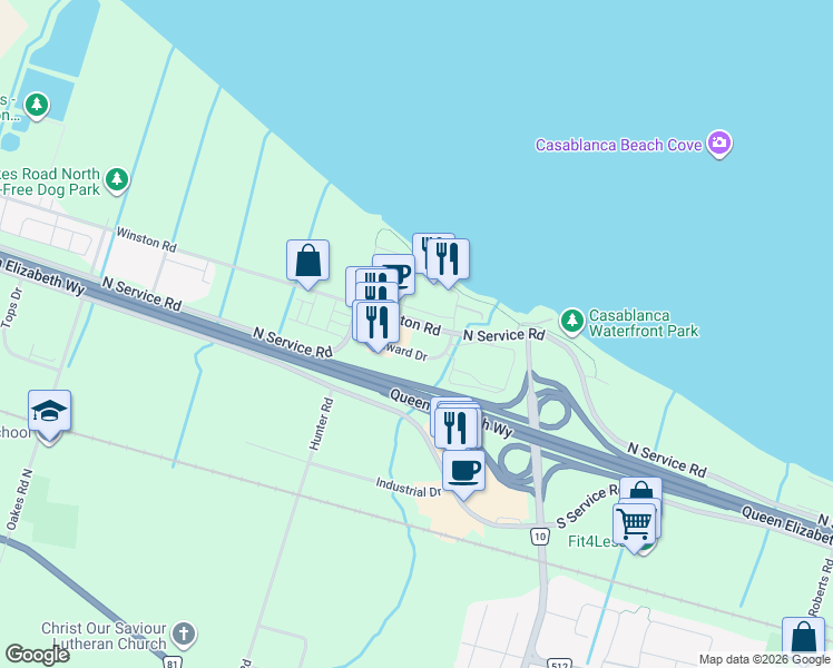 map of restaurants, bars, coffee shops, grocery stores, and more near 53 Esplanade Lane in Grimsby