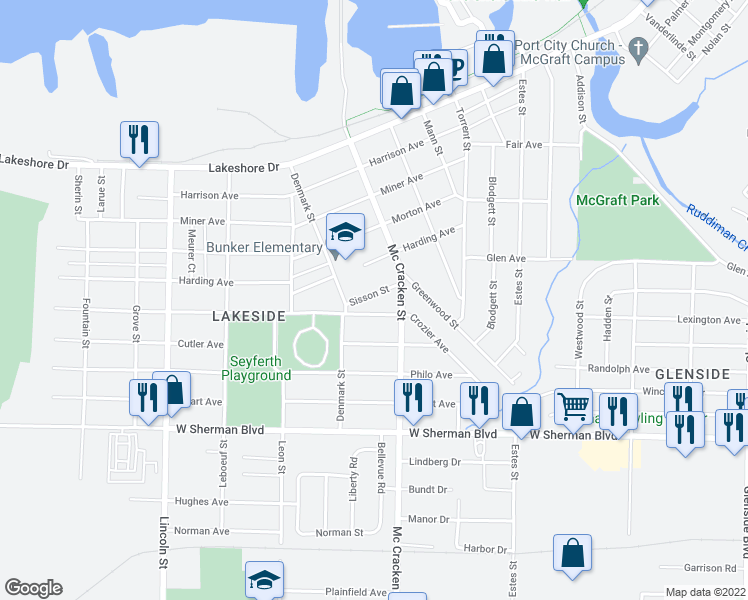 map of restaurants, bars, coffee shops, grocery stores, and more near 2051 Sisson Street in Muskegon
