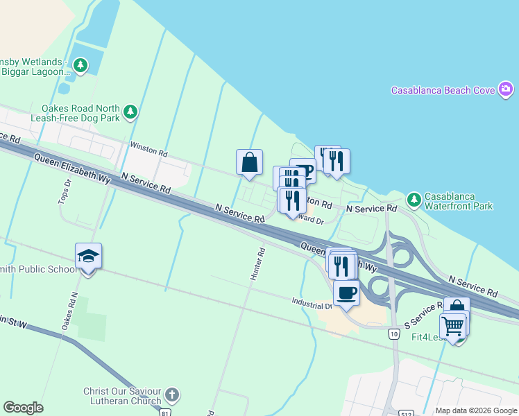 map of restaurants, bars, coffee shops, grocery stores, and more near 510 North Service Road in Grimsby