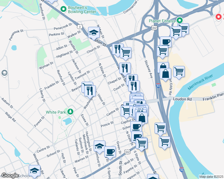 map of restaurants, bars, coffee shops, grocery stores, and more near 62 North State Street in Concord