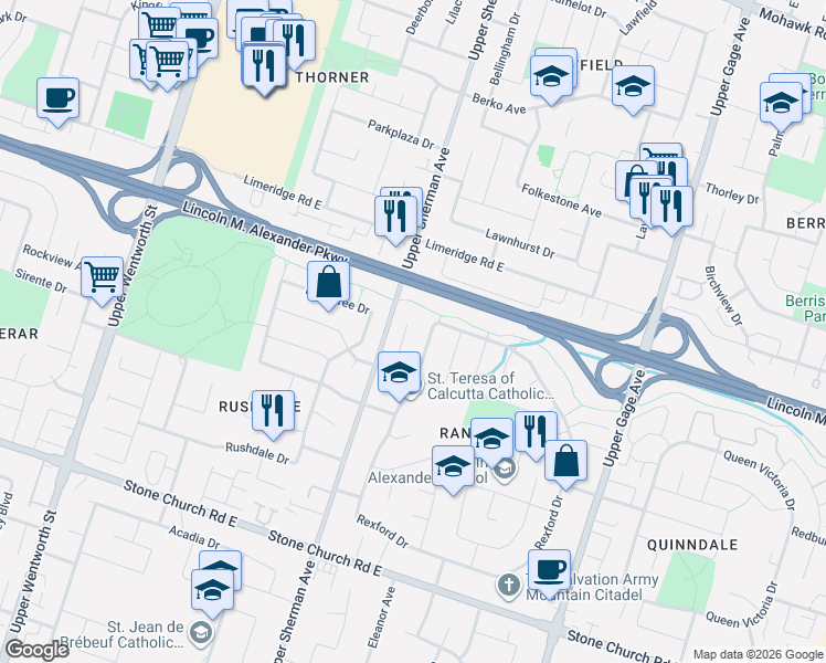 map of restaurants, bars, coffee shops, grocery stores, and more near 27 Barbara Court in Hamilton