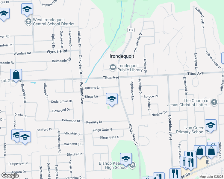 map of restaurants, bars, coffee shops, grocery stores, and more near 140 Queens Lane in Rochester