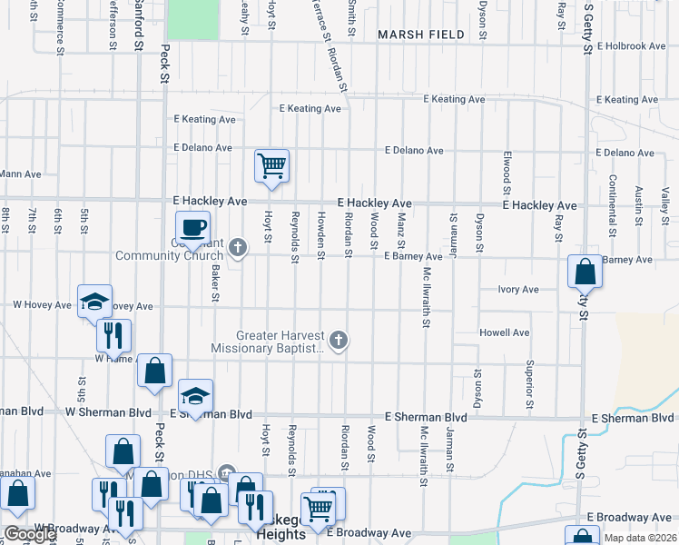 map of restaurants, bars, coffee shops, grocery stores, and more near 2244 Howden Street in Muskegon Heights