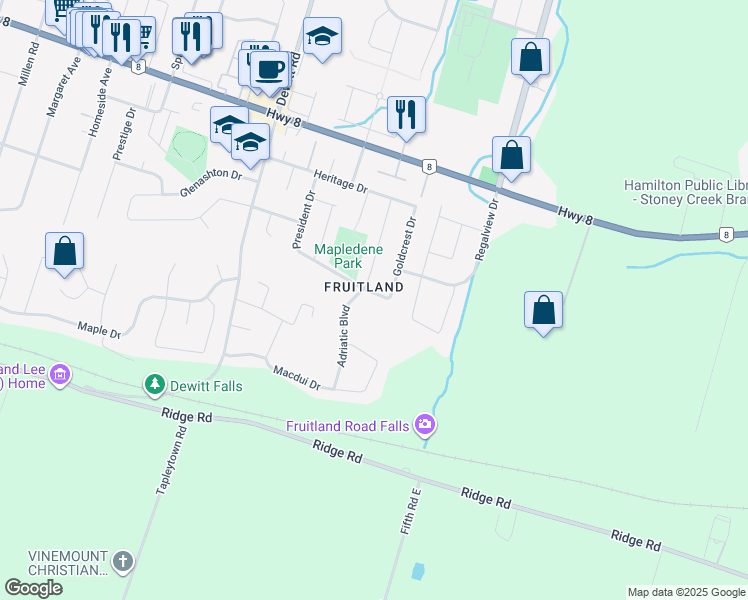 map of restaurants, bars, coffee shops, grocery stores, and more near 6 Goldcrest Drive in Hamilton